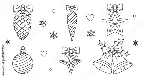 Assorted Christmas tree ornaments including pine cones, stars, bells, and decorative balls in a line art style for coloring.