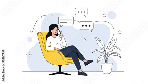 Professional woman sitting in a yellow chair and talking on her mobile phone while surrounded by digital message bubbles.