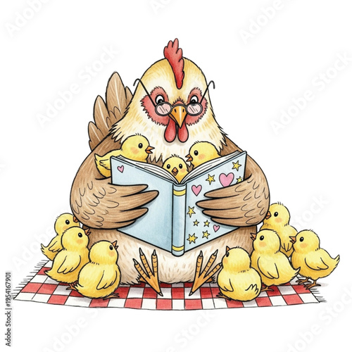 A Mother Hen Reads a Storybook to Her Chicks, a Charming Illustration of Family Bonding and Education