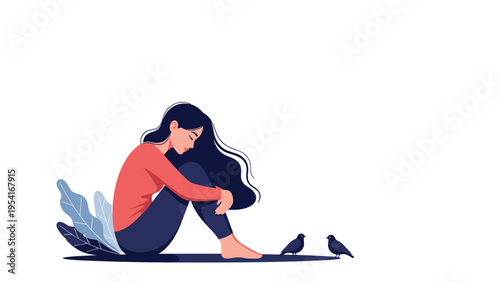 Sad and lonely woman sitting on the ground with her head down accompanied by two small birds in a minimalist setting.