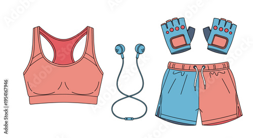 Colorful women workout outfit set with a pink sports bra, blue earphones, matching fitness gloves, and running shorts.