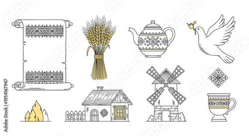 Collection of traditional Ukrainian heritage symbols including a scroll, wheat bundle, dove, village house, and windmill.
