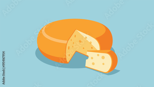 Round wheel of yellow cheese with a small wedge cut out showing holes for a traditional dairy product illustration.
