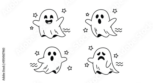 Quartet of adorable ghost characters in different poses and emotional expressions with tiny stars for Halloween fun.