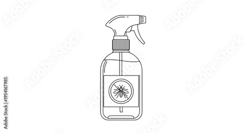 Plastic spray bottle containing insect repellent or mosquito spray in a clear black and white line art illustration.