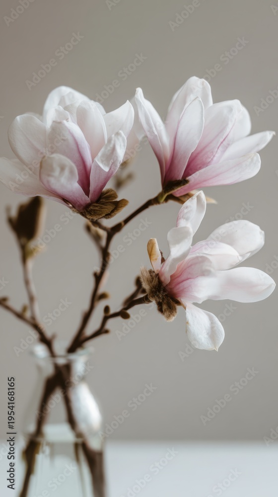 Obraz premium Close-up of pale pink and white magnolia blossoms on a slender branch placed in a small glass vase against a neutral background with soft light highlighting delicate petals and texture