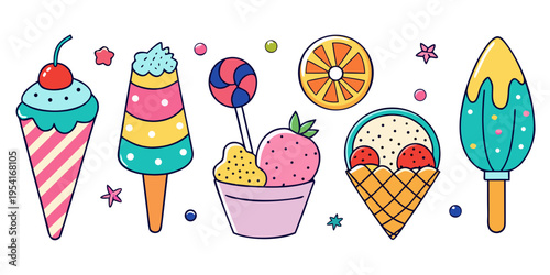 Colorful collection of cartoon ice cream and sweet treats, vector