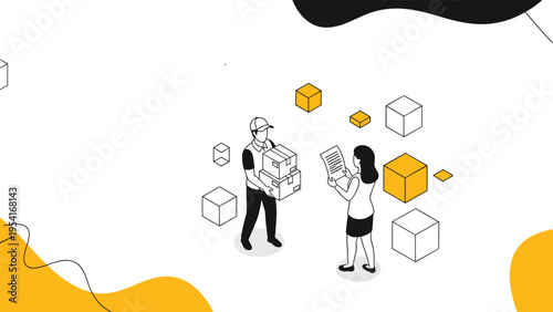 Isometric delivery service concept showing a courier handing over cardboard boxes to a female customer for a package dropoff.
