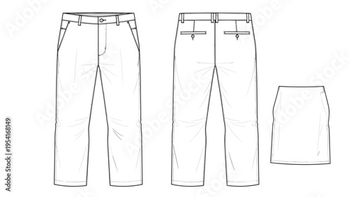 Technical clothing design sketches showing the front and back view of casual trousers and a simple pencil skirt for tailoring.