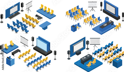 Isometric conference room presentation setup with projector screens chairs stage speakers meeting workspace modern business seminar interior illustration
