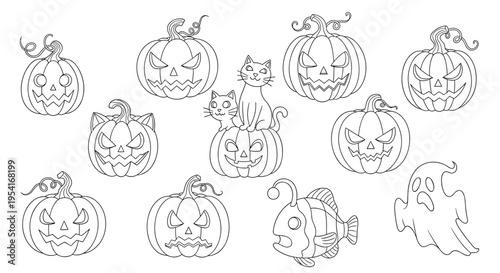 Big collection of Halloween themed characters including spooky jack-o-lantern pumpkins, cats, a deep sea fish, and a ghost.