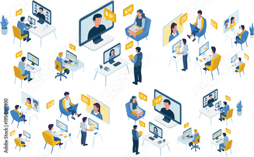 Isometric online communication remote teamwork video conference chat collaboration people working computers digital workspace modern business illustration concept
