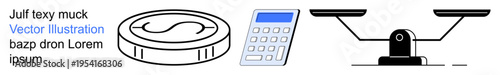 Financial planning, accounting, investment strategies, banking, economic analysis, business management. Coin, calculator and scale symbols. Financial planning and accounting visually