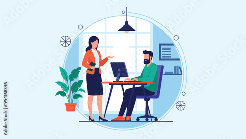 Office workspace scene with a woman talking to a man sitting at a desk with a computer monitor in a professional setting.