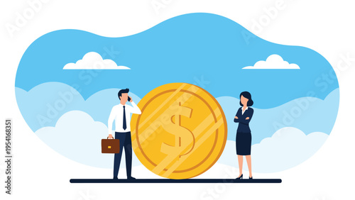 Business professionals standing in front of a giant gold dollar coin symbolizing financial success and wealth management.