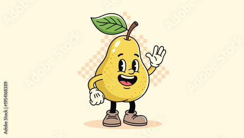 Friendly cartoon pear character with a happy face waving a hand while standing on a light yellow background for kids.