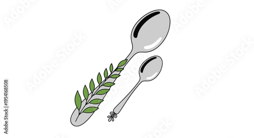 Illustration of two metal spoons in different sizes decorated with green leafy branches on the handles for dining.