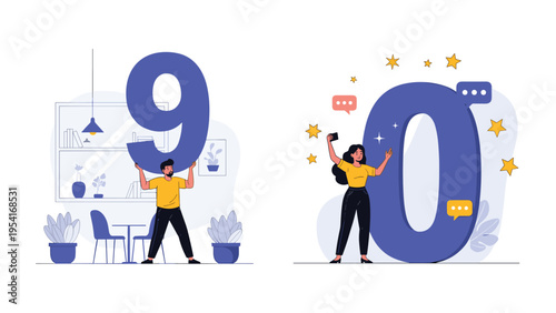 Creative conceptual illustration featuring a man and woman holding giant numbers nine and zero to represent a milestone.