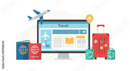 A travel concept illustration features a monitor displaying a travel website, luggage, passports, and an airplane.