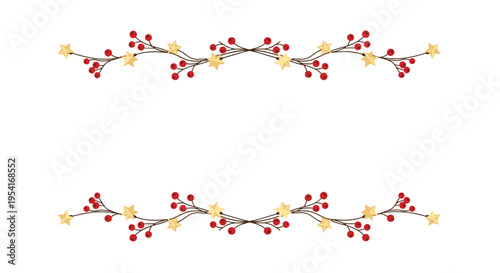 Decorative border frames made of delicate winter berry branches and golden stars for festive holiday invitations.