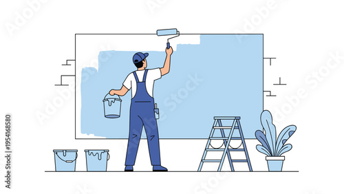 Professional painter in blue overalls using a paint roller to apply light blue color onto a large rectangular wall section.