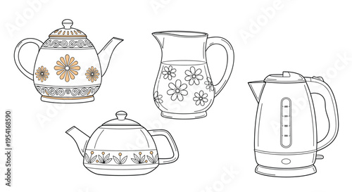 Set of various kitchen containers including teapots, a pitcher, and an electric kettle with floral decorations.