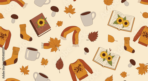 Autumn-themed seamless pattern with warm sweaters, books, coffee mugs, sunflowers, and falling maple leaves.