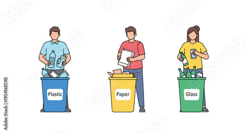 Three people sort plastic, paper, and glass into separate color-coded recycling bins on a plain white background.