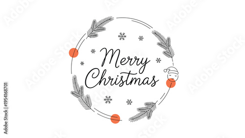Merry Christmas message inside a circular frame decorated with pine needles, snowflakes, and festive red spots on a white background.