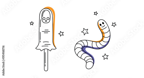 Playful Halloween-themed illustration of a ghost-shaped popsicle and a cute striped worm with twinkling stars.