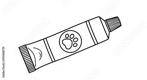 Simple outline drawing of a tube of pet toothpaste or medical ointment with a paw print icon for animal care.