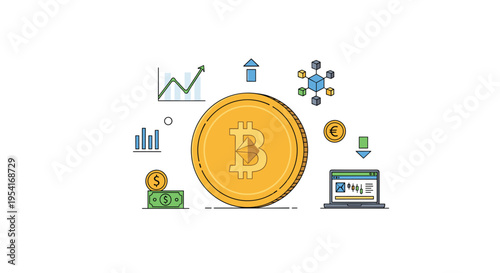 A large Bitcoin coin is surrounded by financial charts, currency, a laptop, and blockchain icons.