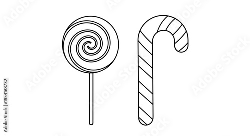 Outline drawing of a classic spiral lollipop and a striped candy cane for sweet treats and holiday food themes.