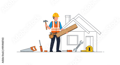 A construction worker holds a hammer and plank in front of an outlined house with tools on the ground.