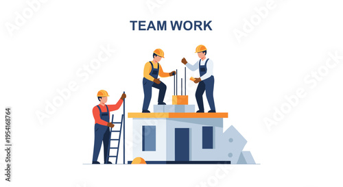 Three construction workers in hard hats and overalls are building a house structure with rebar.