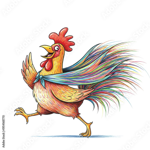 A vibrant, cheerful cartoon rooster with a flowing, rainbow-colored cape runs energetically, a joyful and dynamic character illustration full of life