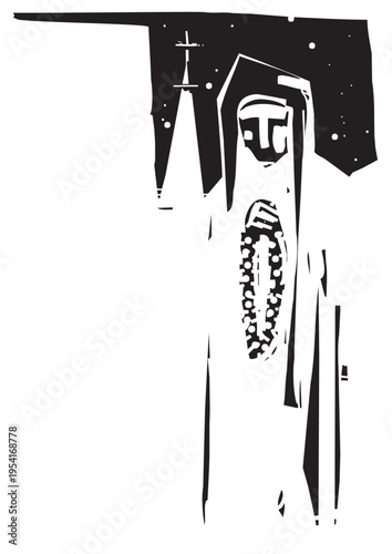 Woodcut expressionist style image of a nun with a rosary