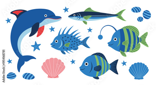 Collection of various colorful marine animals and shells including a dolphin, different fish, and seashells.