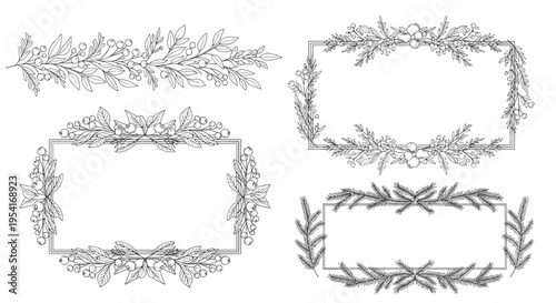Elegant collection of hand drawn botanical frames with leaf and berry branches provides a sophisticated touch for invitations.