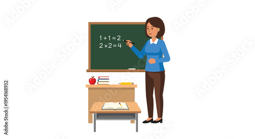 A cartoon female teacher stands next to a green chalkboard with math equations, holding a marker in a classroom setting.