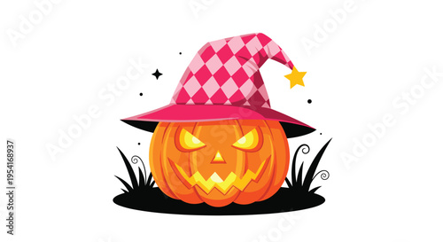 Wicked Halloween pumpkin with glowing eyes and a jagged smile wears a stylish pink checkered witch hat on a dark ground.