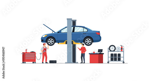 Two mechanics work on a blue car elevated on a hydraulic lift in a brightly lit auto repair shop.