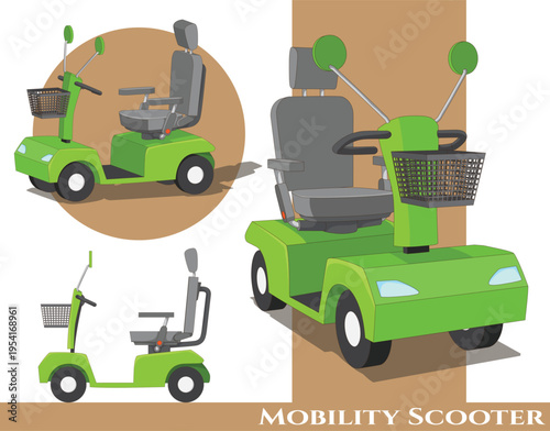 A green mobility scooter viewed through three different angles.