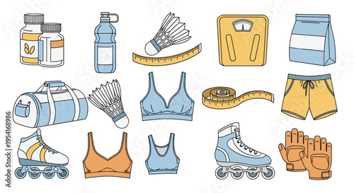Large collection of fitness and sports equipment icons including rollerblades, gym bags, and dumbbells for healthy lifestyle.