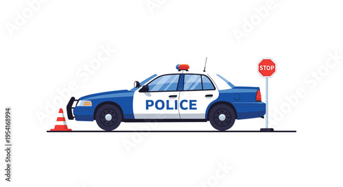 A blue and white police car with POLICE on its side is parked next to an orange traffic cone and a red stop sign.