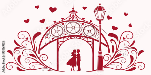 Romantic couple silhouette under ornate arch with hearts, vector