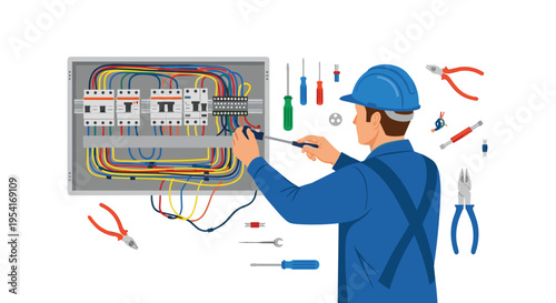 An electrician in a blue uniform and hard hat uses a screwdriver to work on an open electrical panel with colorful wires.