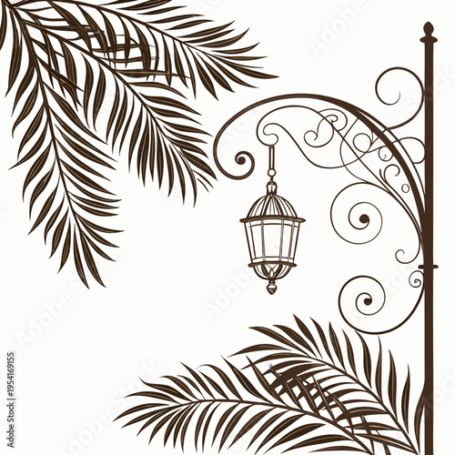 Vintage Garden Lamp with Tropical Palm Leaves, vector