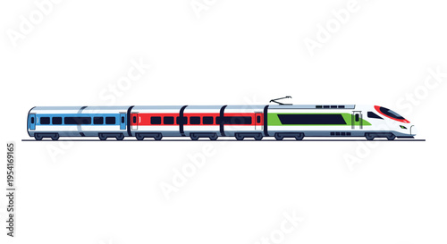 A sleek, modern high-speed train with blue, red, and green carriages travels horizontally on a track.
