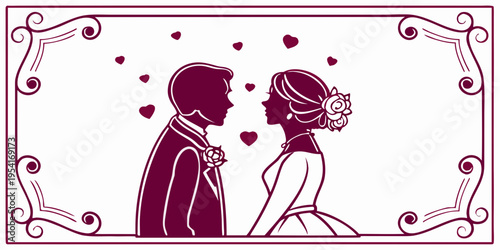 Bride and groom silhouette with hearts and ornate frame, vector